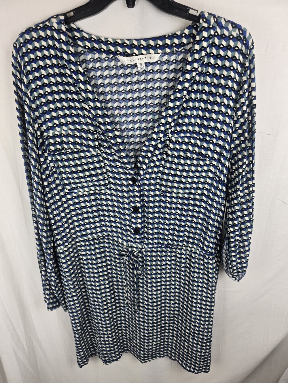 Max Studio Blue Geometric V-Neck Roll Tab Sleeves Drawstring Dress Sz XL